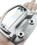 Heavy Duty Stainless Steel Ring Pull Folding Handle Set For Drawers Cabinets Doors Tool Boxes Includes Screws Two Pack held in hand