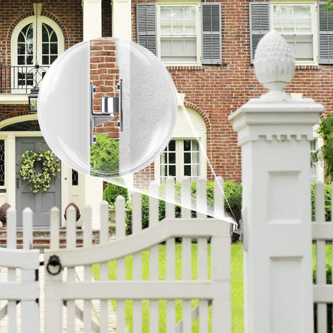 2 Pack Heavy Duty Gate Hinges, Wall Mount Gate Hinge Set with 5/8'', Capacity Up to 600lbs, shown on white garden gate