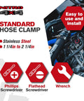 Stainless Steel Hose Clamps Set Two Adjustable Hose Clamps From One And A Quarter Inch To Two And A Quarter Inch 32 To 57 Mm Heavy Duty Radiator Fuel Line Plumbing Automotive Mechanical Applications in use, showing installation with tools.