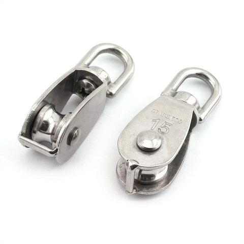 2-Pack M15 Single Pulley Block Stainless Steel Heavy Duty Hardware Single Wheel Swivel Rigging Lifting Wheel Fixed Pulley for Wire Rope Loading 35kg