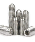 Premium Stainless Steel M3 x 6mm Hex Socket Spring Ball Point Grub Screws Set in SUS304 displayed in a group, showcasing precision design.