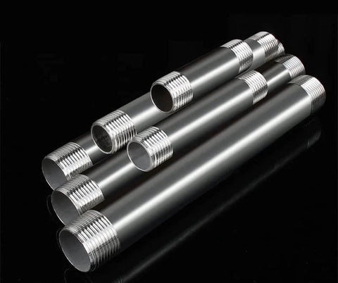 304 Stainless Steel Nipple Pipe Fitting One Half Inch NPT Male To One Half Inch NPT Male Thread Four Inch Length Pack Of 2 Corrosion Resistant Plumbing Fittings For Water Gas Oil And Fluid Systems, showing multiple threaded connectors.