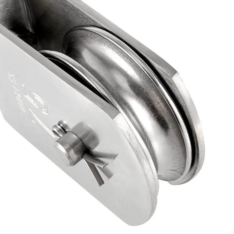 Close-up view of 2 Pack M75 Lifting Single Pulley Roller, 304 stainless steel, showing heavy duty single wheel swivel lifting fixed block.