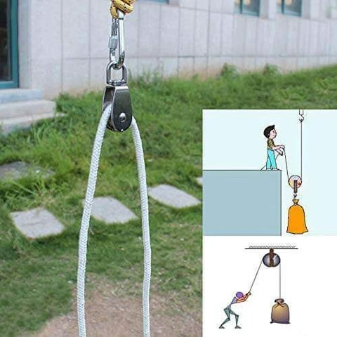 2-Pack M15 Single Pulley Block Stainless Steel Heavy Duty Hardware in use for lifting with rope outdoors