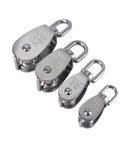 Four stainless steel pulleys including the Stainless Steel Pulley M50 Single Wheel Swivel Lifting Rope Pulley Set Lifting Wheel Tools(M50), varying sizes, 360° swivel head