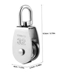 Front view of 304 Stainless Steel Single Block Pulley 3 Pack Heavy Duty Swivel Pulley for Lifting Rope Pulling and DIY Projects.