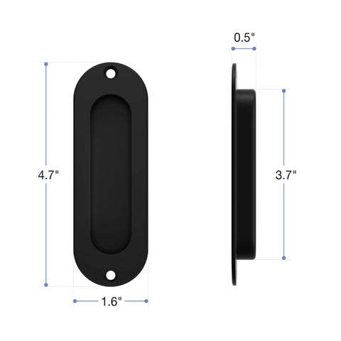 Side and front view of Stainless Steel Recessed Finger Pull Handle Half Inch Deep for Cabinets and Furniture with measurements.