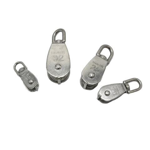 Four stainless steel pulleys including M20 Single Swivel Lifting 0.3" Rope Pulley Roller Block Sheave 0.03 Ton Timing Pulley(M20).