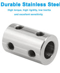 Two Piece Stainless Steel Shaft Couplings 5 Mm To 8 Mm Bore For 3D Printers Two Pack Rigid Couplers shown in durable stainless steel close-up