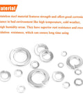 Assorted stainless steel split lock washers scattered on a white background, 100-piece set (10#) for screws and bolts