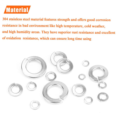 Assorted stainless steel split lock washers scattered on a white background, 100-piece set (10#) for screws and bolts