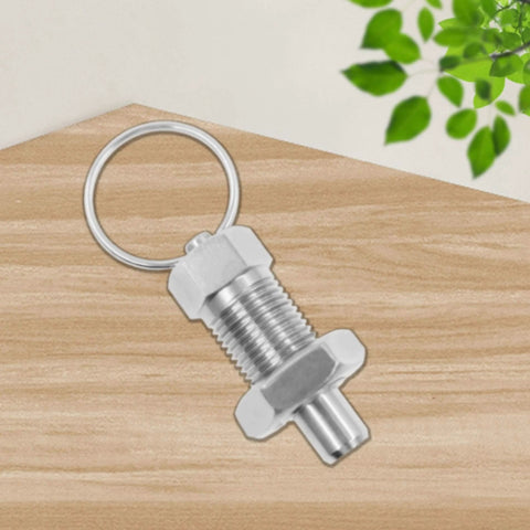 Stainless Steel Spring Plunger with Pull Ring Set shown on a wood surface, ideal for industrial and automotive use, M6-3mm & M12-8mm sizes.