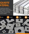 Protect fasteners with even load distribution using this 304 stainless steel square plate washers set, images of stacked metal bars and washers.