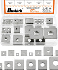 Protect fasteners with even load distribution using this 304 stainless steel square plate washers set, 100 pieces in 15 sizes, shown boxed.