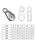 5-Pack Stainless Steel 304 Single Sheave Swivel Eye Rope Pulley 15mm 20mm 25mm 32mm 50mm Rigging Hardware Lifting Swivel Pulley(15mm) with size chart
