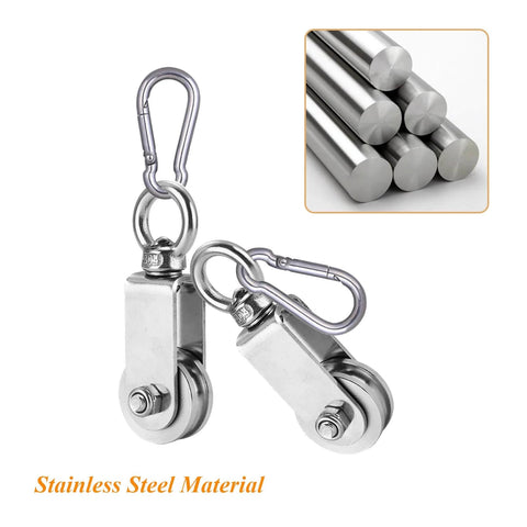 Pulley Wheel U Swivel Roller Stainless Steel Cable Pulley Block 360 Degree Rotating Rope Wheel Smooth Loading Silence Rotation Traction Wheel with Carabiner for Lifting Gym Equipment Clothesline 2pcs