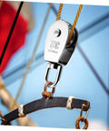 304 Stainless Steel Single Block Pulley 3 Pack Heavy Duty Swivel Pulley for Lifting Rope Pulling and DIY Projects, shown in use with rope.