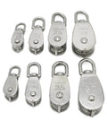 Array of various sizes of stainless steel pulleys with swivel heads, including Single Swivel Lifting 0.3" Rope Pulley Roller Block Sheave 0.03 Ton(M20 Double)