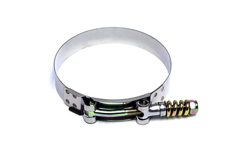 Spring Loaded Stainless Steel T Bolt Clamp SAE 52 For 2.25 Inch ID Hose with polished finish and effective size 2.5 to 2.8 inches