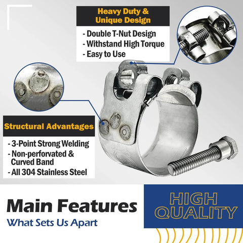 TT Heavy Duty Hose Clamp Assortment Kit 304 Stainless Steel T Bolt Clamps Adjustable shown with structural features