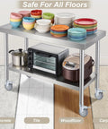 Stainless steel table on four-inch universal adjustable caster wheels set with brakes for tube legs from 7/8 to 1-5/8 inch.