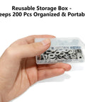 Hand holding 304 Stainless Steel Pop Rivet Backup Washers Kit with Storage Box for 5mm Rivets, showing organized and portable washers.