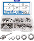 Stainless Steel Washer Set For Blind Rivets 325 Pcs Assortment 3/32 To 1/4 Inch in open plastic container with size labels.