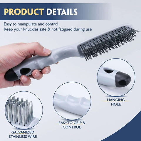 Hand holding stainless steel wire brush with strong handle showing product details; part of Stainless Steel Wire Brush Set 2Pcs.