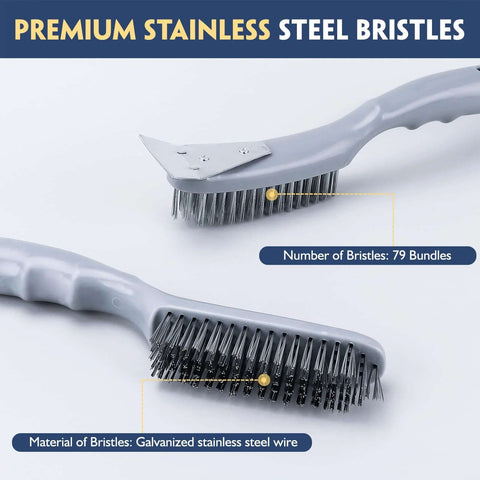Stainless Steel Wire Brush Set 2Pcs with metal scraper and ergonomic handles for cleaning welding slag, rust, dust, and paint.