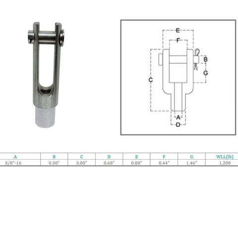 Stainless T316 Right Hand Threaded Yoke End Three Eighths Inch 4 Pack 1200 Lbs, diagram and dimensions, close-up view