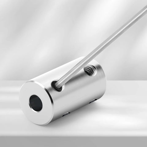 Six Piece 8mm Shaft Couplers Set showing steel coupler with set screw connections for machines and robots.