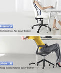 Comparison of office chair bases, top image shows durable metal base with brakes, bottom image shows fragile plastic base without brakes.