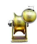 Side view of 45# steel Sliding Gate Roller with Bracket showing U-shaped groove for wire rope rail, Slot Width 32mm.