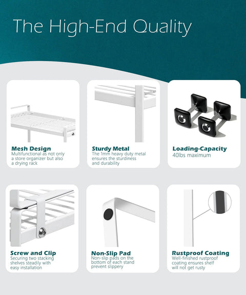 Features of Two Pack Steel Frame Stackable Cabinet Shelf Organizer Racks for Kitchen Pantry Bathroom Bedroom and Office Space Saving.