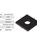 Square washer plates, 2.5 x 2.5 inches (63.5 x 63.5 mm) and 5.7 mm thick steel, shown with dimensions and hole for 3/4 inch bolt.