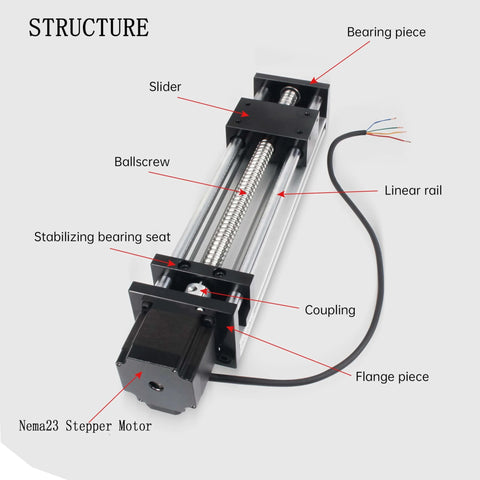 Linear Motion Stage Actuator, CNC Linear Motion Rail Guide with Nema23 Stepper Motor,Slide Rail 1204 Ball Screw Double Optical Axis Linear, structured view