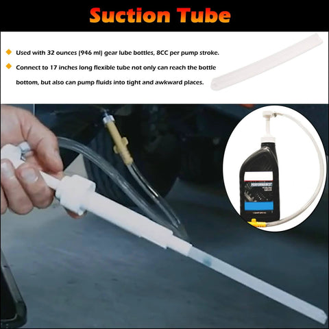 Lower Unit Gear Lube Fill Pump Set with Metric Adapter for Used with 32 oz Quart Bottles in use, showing suction tube and bottle connection.