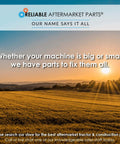 Reliable Aftermarket Parts banner with logo, sunset over field, and text promoting parts for machines.