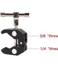 Close-up of a Workhorse Ultimate Versatile Super Clamp Kit with 1/4 and 3/8 inch threads for photography rigs and accessories.