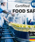 Assembly line with bottles labeled 'Certified NSF Food Safe' and Super Lube logo, showing food-grade production environment.