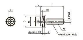 Diagram showing dimensions of SVSQS-M8-16-NBK screws, including flat head and ventilation hole features.