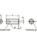 Technical diagram of "✝️ SVTS-M3-15 NBK Hex Socket Set Vacuum Vented Screws - Ventilation Hole 20-Pack - Made in Japan" showing dimensions and ventilation