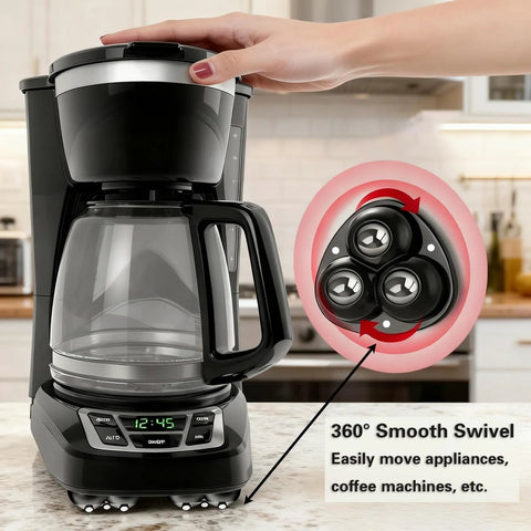 Coffee machine with 360° swivel wheels, easy for moving appliances, part of 4 Pack Self Adhesive Swivel Caster Wheels With 20 Lb Load Per Wheel Low Profile Mobility Rollers For Furniture And Storage Bins And Small Appliances Easy To Install And Move Heavy Objects.