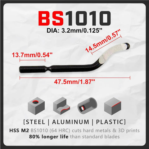 Deburring tool, front view: 11 HSS swivel blades, curved head, black handle for metal, plastic, 3D-prints