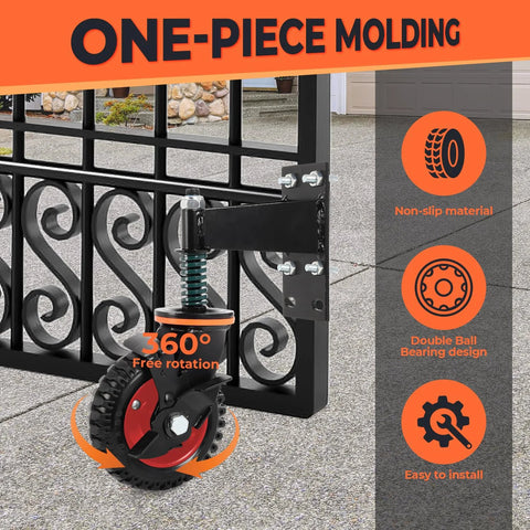 Six Inch Gate Wheels With Brake For Metal Swing Tube Gates And Wooden Fence Gates, Spring Loaded Vertical Spring For Height Compensation, 360 Degree Swivel With Smooth Rotation, Supports Up To 500 Lbs installed on black metal gate