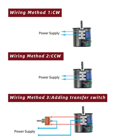 Wiring methods for Mini Gearbox Electric 60KTYZ 110V 5-6RPM Torque 40Kgf.cm showing CW, CCW, and transfer switch configurations.