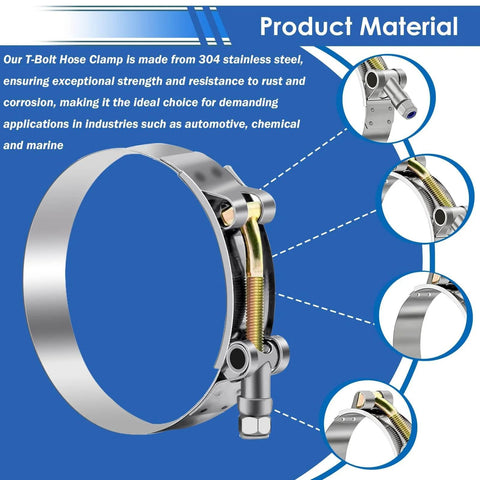 16 Pack T Bolt Hose Clamps 28 to 91mm Working Range For 3 Quarter To Three Inch Hose ID 8 Sizes 304 Stainless Steel Heavy Duty Radiator Turbo Intake Intercooler Clamp Set with close-up view of clamp material and components.