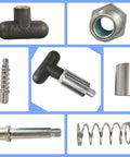 1/2" Diameter T knob Spring Loaded Pop Pin components, zinc plated steel plunger, black plastic T-handle, round nut, grub screw lock