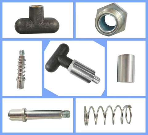 1/2" Diameter T knob Spring Loaded Pop Pin components, zinc plated steel plunger, black plastic T-handle, round nut, grub screw lock