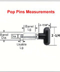 Diagram of 1/2" Diameter T knob Spring Loaded Pop Pin with zinc-plated steel plunger and black plastic T-handle knob showing measurements.